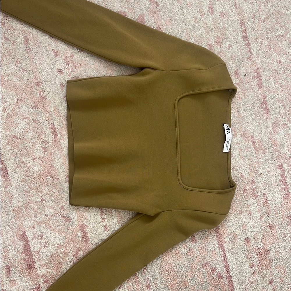 Zara Olive Green Long Sleeve Square neck Top